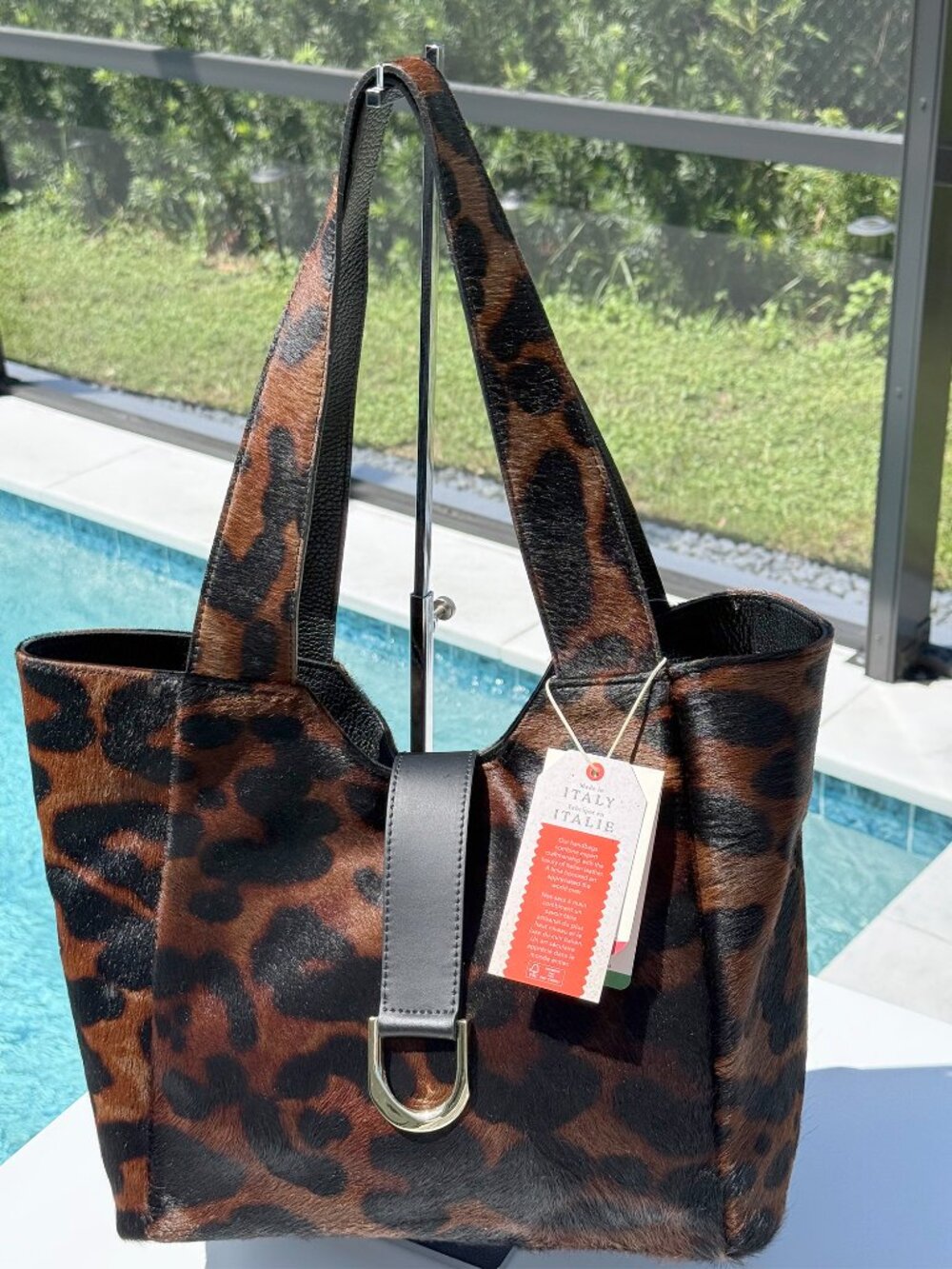 NWT Divina Firenze Calf Hair Tote Made In Italy black leather gold tone Gorgeous